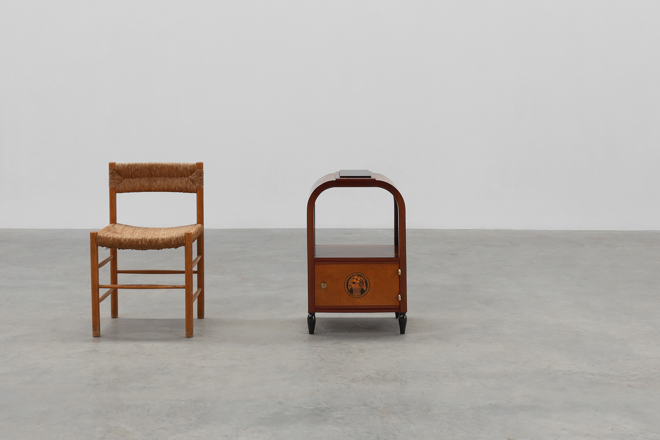 Arched Art Deco side table with storage unit and black marble top, France ca. 1920thumbnail